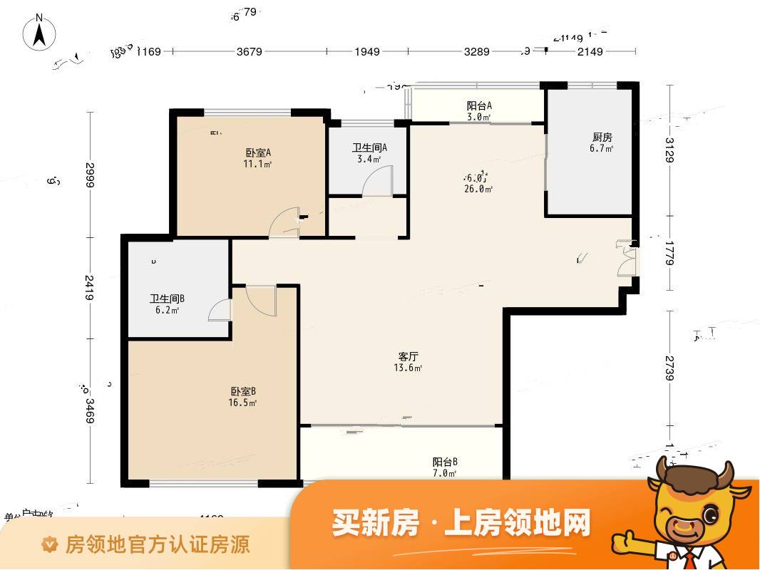 地产尚海郦景户型图2室2厅2卫