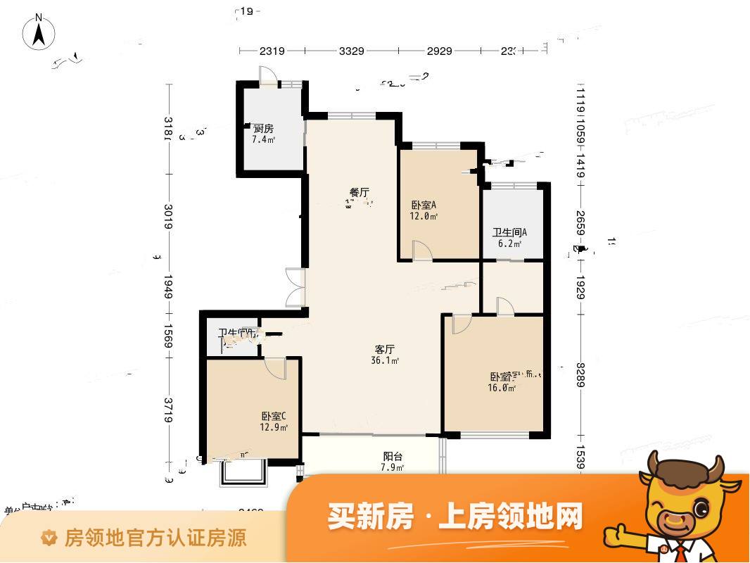 地产尚海郦景户型图3室2厅2卫